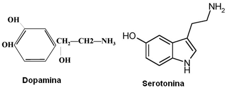 Fórmulas estruturais da dopamina e da serotonina