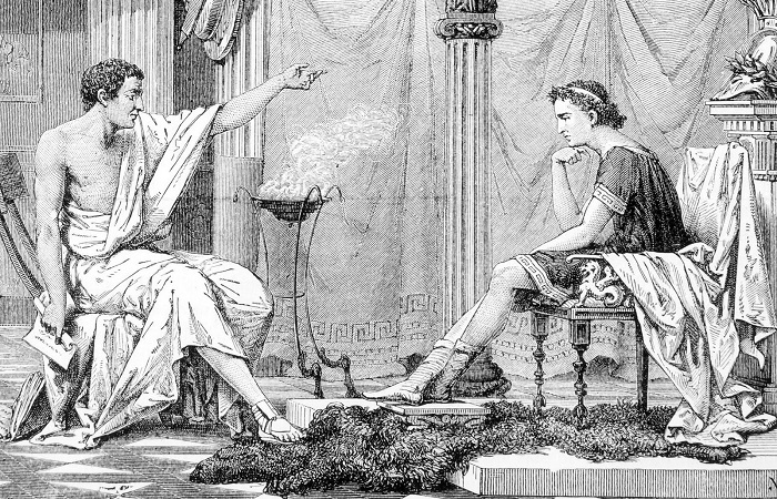 AristÃ³teles, Ã  esquerda, conversando com seu pupilo, Alexandre, imperador da MacedÃ´nia.
