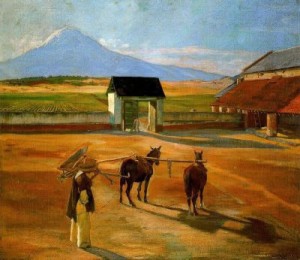 Pintura que retrata uma paisagem rural.
